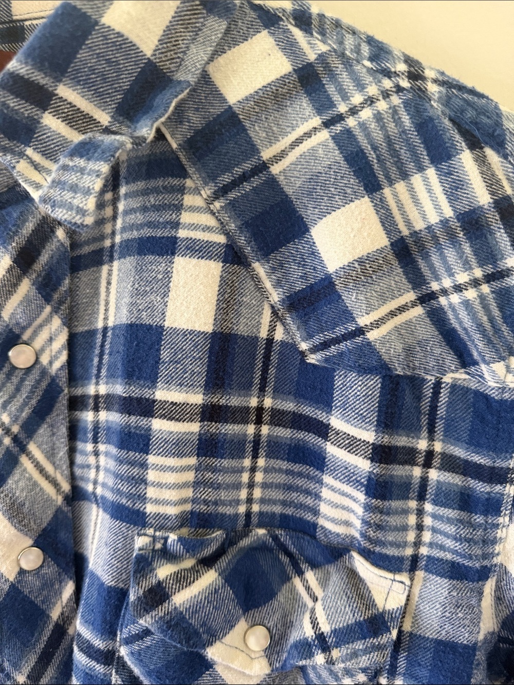 Wrangler Western Shirt Men’s Large Blue White Plaid Flannel Pearl Snap Large - Picture 9 of 9